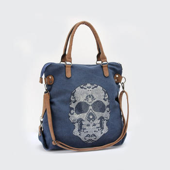 High Quality Fashion Women Rhinestone Skull Design PU Handler Canvas Shoulder Bags