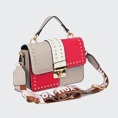 Top New PU Multiple Color Matching Women Cross Body Bag With Ribbon Strap Fashion Rivet Design Lady Hand Bag